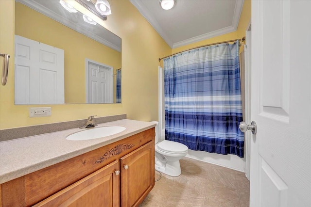 full bathroom featuring vanity, toilet, ornamental molding, and shower / tub combo with curtain