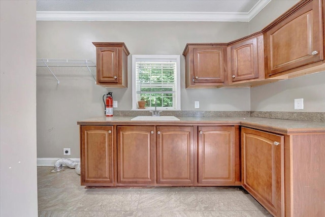 kitchen with crown molding and sink