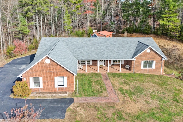 view of front of house with a patio area and a front lawn