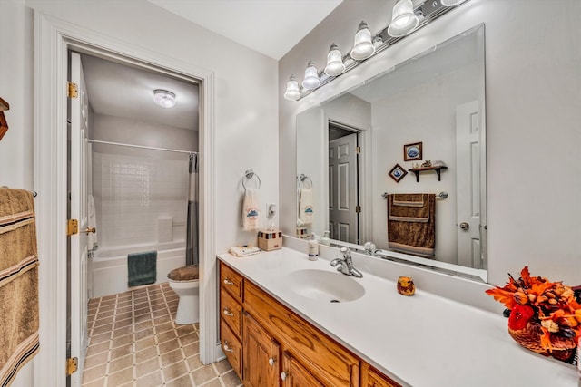 full bathroom with vanity, toilet, and shower / tub combo with curtain