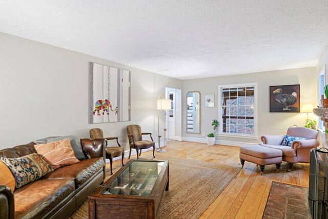 living room with wood-type flooring and a textured ceiling