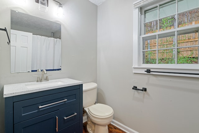 bathroom with vanity, hardwood / wood-style flooring, and toilet