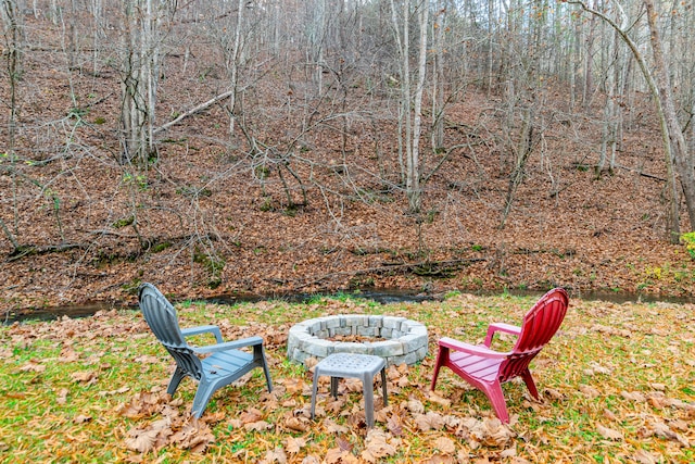 view of yard with a fire pit