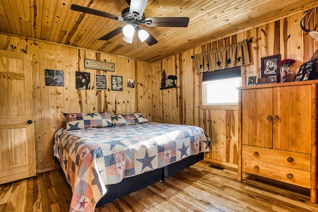 bedroom with wood-type flooring, ceiling fan, wood ceiling, and wood walls