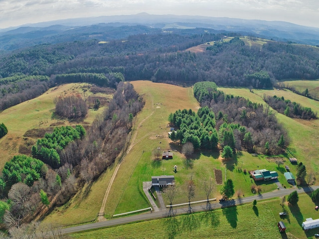 birds eye view of property featuring a mountain view and a rural view