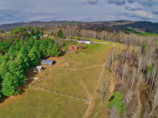 drone / aerial view featuring a mountain view and a rural view