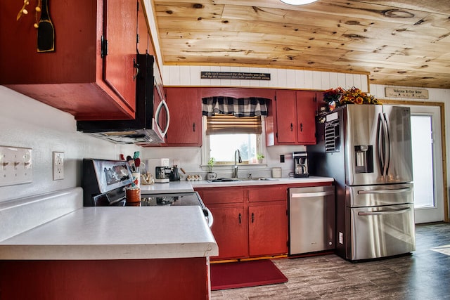 kitchen with wood ceiling, dark wood-type flooring, sink, and stainless steel appliances