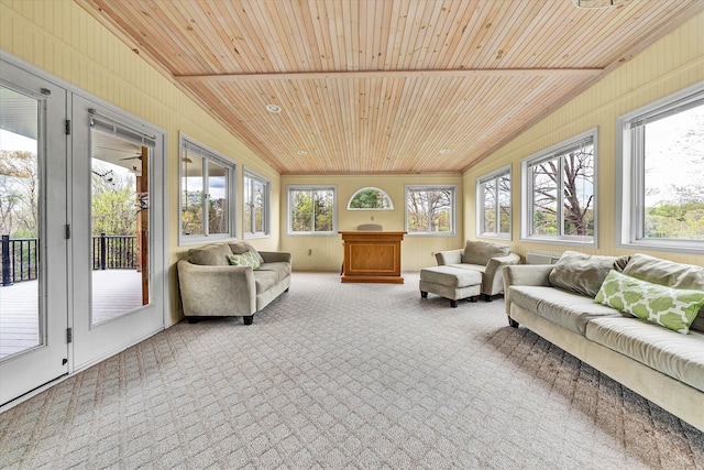 sunroom / solarium with wooden ceiling and lofted ceiling