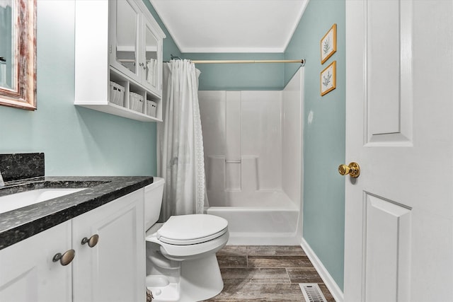 full bathroom featuring vanity, crown molding, toilet, shower / bathtub combination with curtain, and wood-type flooring