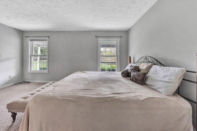 carpeted bedroom with a textured ceiling and multiple windows