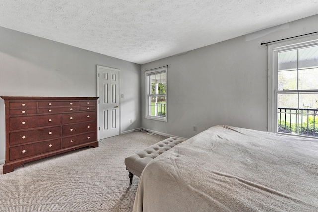 bedroom with multiple windows, light carpet, and a textured ceiling