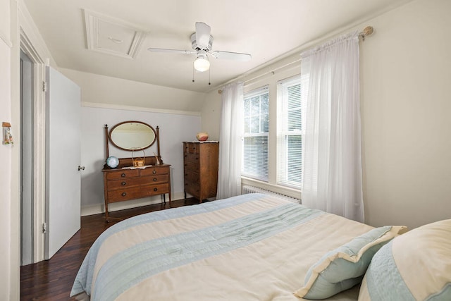 bedroom featuring ceiling fan and dark hardwood / wood-style flooring