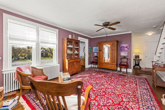 living room with hardwood / wood-style floors, radiator, ornamental molding, and ceiling fan