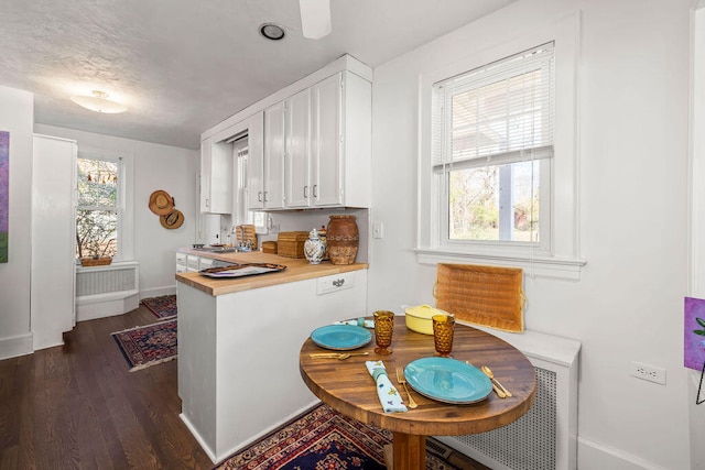 kitchen with dark hardwood / wood-style flooring, white cabinetry, butcher block counters, and sink