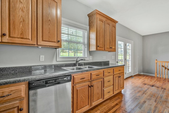 kitchen with sink, stainless steel dishwasher, and wood-type flooring