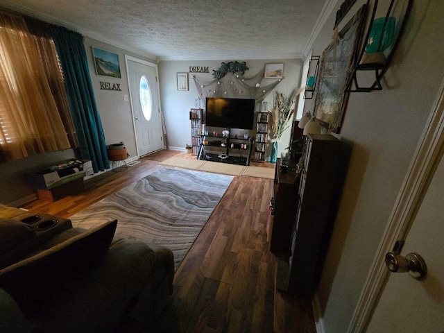 living room with hardwood / wood-style flooring, ornamental molding, and a textured ceiling