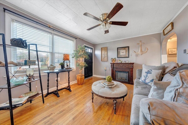 living room featuring a healthy amount of sunlight, light wood-type flooring, and crown molding