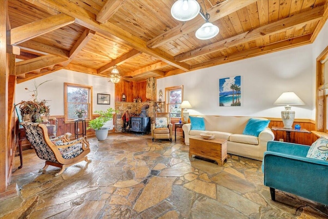 living room with wood ceiling, ceiling fan, beam ceiling, a wood stove, and wood walls