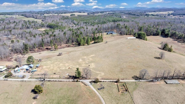 bird's eye view featuring a rural view and a mountain view