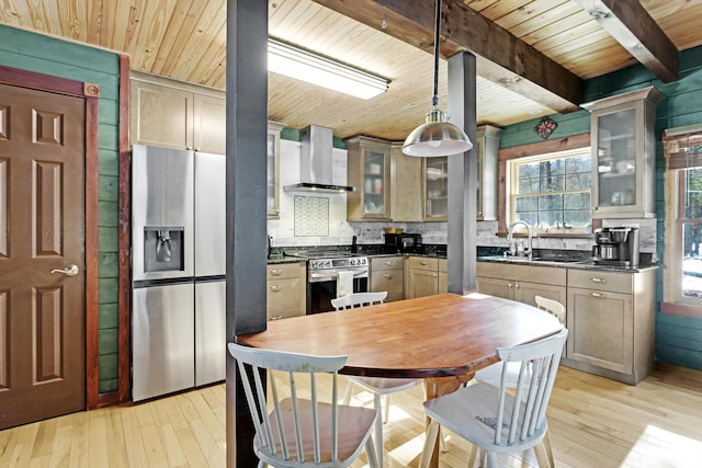 kitchen featuring sink, appliances with stainless steel finishes, pendant lighting, beam ceiling, and wall chimney range hood