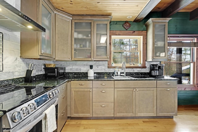 kitchen with electric stove, sink, dark stone countertops, wooden ceiling, and wall chimney exhaust hood