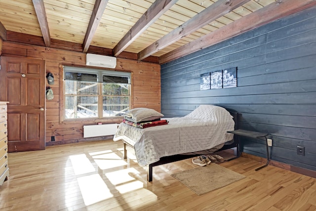 bedroom featuring wood ceiling, radiator heating unit, beam ceiling, and wood walls