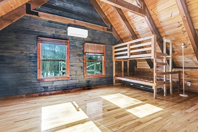 interior space featuring light hardwood / wood-style flooring, high vaulted ceiling, wooden ceiling, beamed ceiling, and wood walls