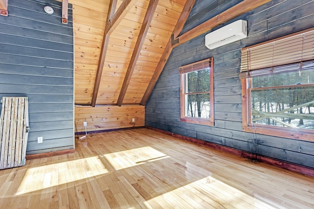 additional living space featuring vaulted ceiling with beams, wood-type flooring, wooden ceiling, wooden walls, and a wall unit AC