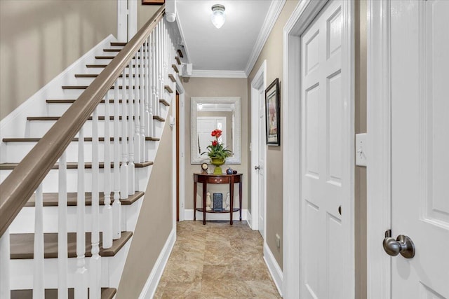 stairway with crown molding