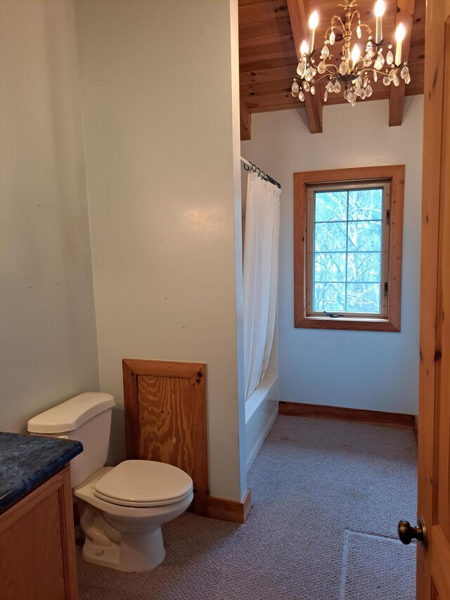 spare room featuring lofted ceiling with beams, wooden ceiling, wood finished floors, and an inviting chandelier