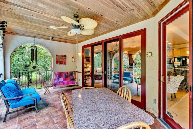 interior space featuring ceiling fan, wooden ceiling, and french doors