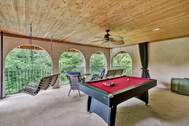 playroom with ceiling fan, carpet floors, pool table, and wooden ceiling