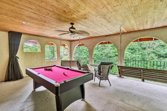 rec room with light carpet, ornamental molding, wood ceiling, ceiling fan, and pool table