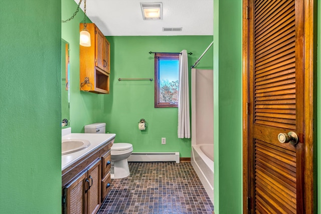 full bathroom with tile patterned floors, bathtub / shower combination, vanity, baseboard heating, and toilet