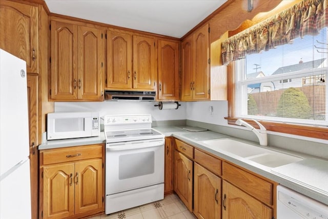 kitchen with exhaust hood, white appliances, and sink