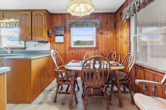 dining space featuring wooden walls