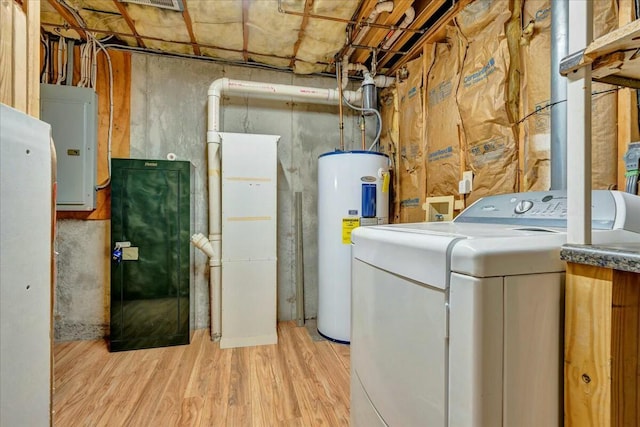 washroom featuring laundry area, washer / clothes dryer, water heater, electric panel, and light wood finished floors