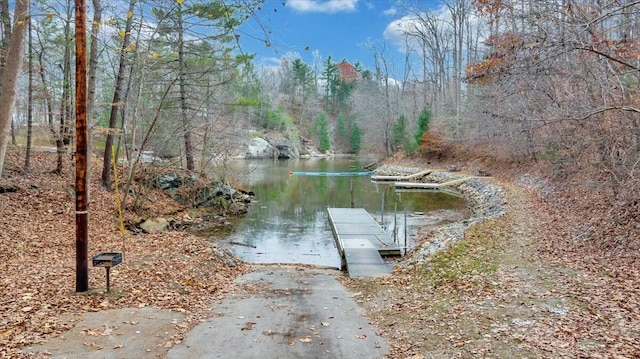 view of dock featuring a water view and a forest view