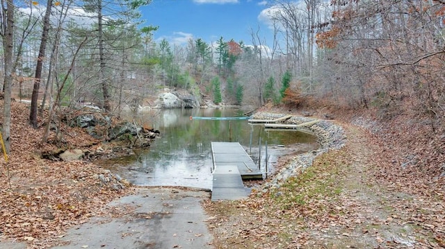 dock area featuring a water view and a wooded view