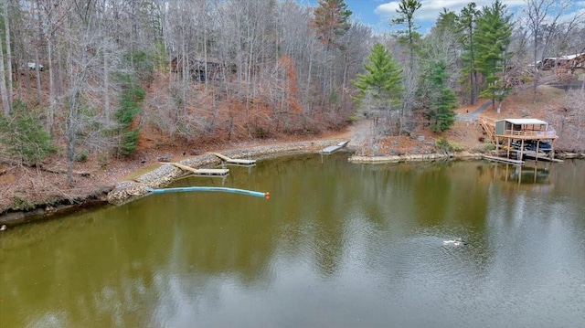 view of dock featuring a water view and a view of trees