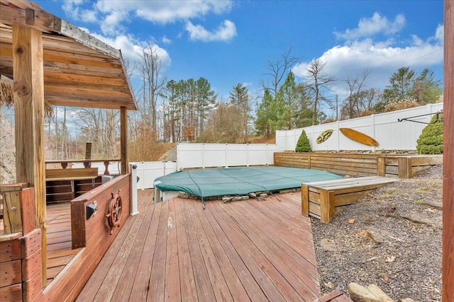 wooden deck with a fenced backyard and a fenced in pool