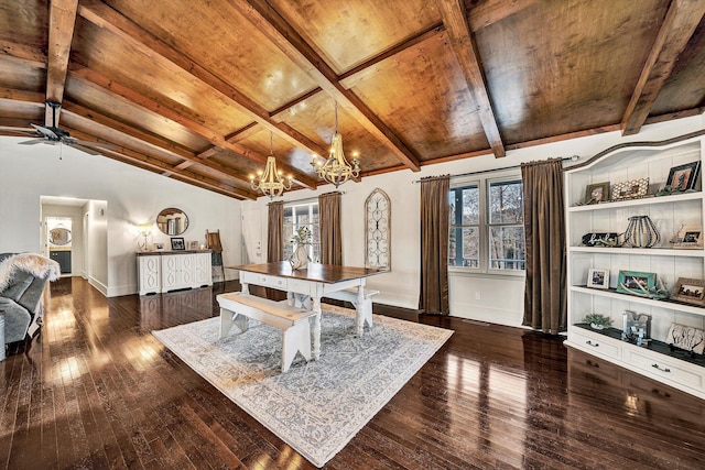 dining room featuring lofted ceiling with beams, dark hardwood / wood-style floors, wooden ceiling, and ceiling fan with notable chandelier