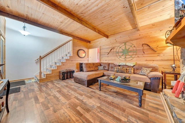 living room featuring hardwood / wood-style flooring, beam ceiling, wood walls, and wooden ceiling