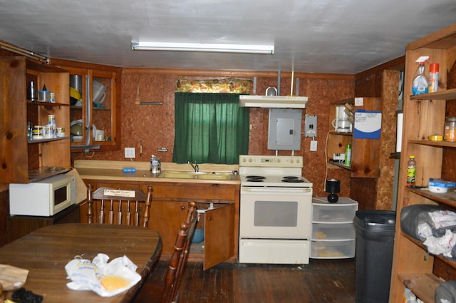 kitchen with dark hardwood / wood-style flooring, sink, white appliances, and electric panel