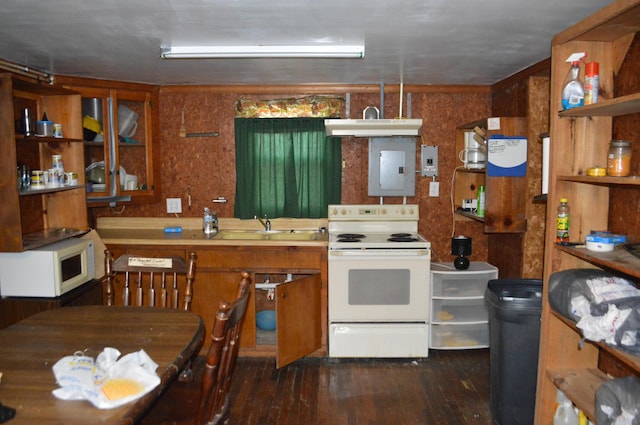 kitchen featuring electric panel, sink, dark wood-type flooring, and white appliances