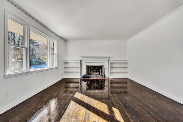 living room featuring ornamental molding and dark wood-type flooring