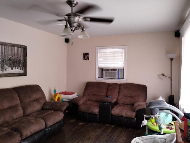 living room featuring ceiling fan, dark hardwood / wood-style flooring, and cooling unit