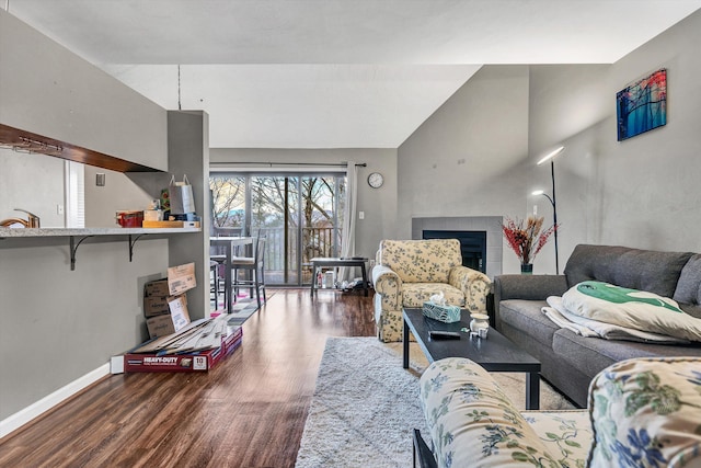 living room featuring a fireplace, hardwood / wood-style floors, and lofted ceiling