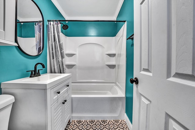 full bathroom with shower / bath combination with curtain, ornamental molding, vanity, tile patterned flooring, and toilet