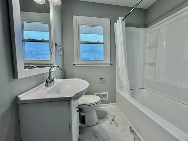 bathroom with marble finish floor, visible vents, toilet, vanity, and baseboards